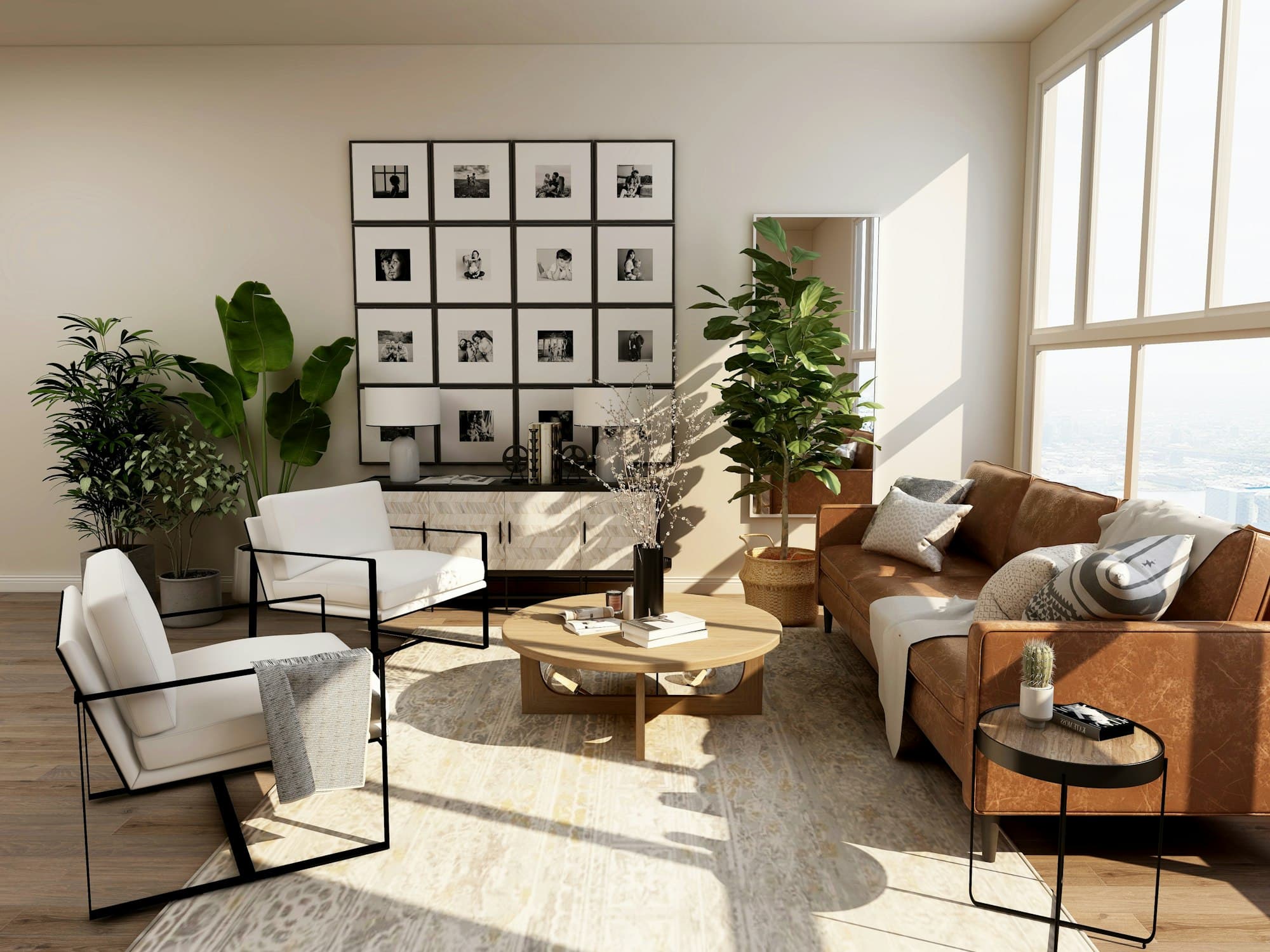 Bright living room with a leather sofa and plants